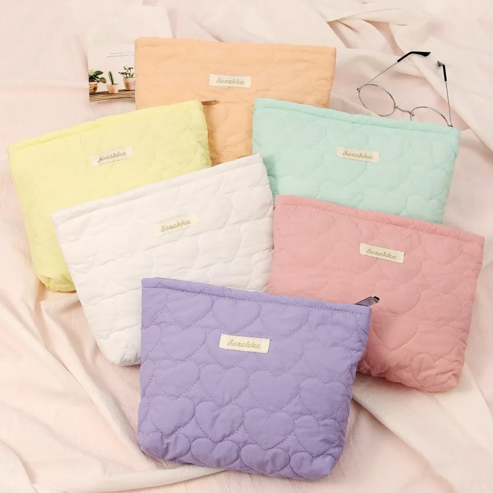 sac de maquillage matelassé en forme de cœur pour femmes, macaron, grande capacité, mignon, pochette de rangement de cosmétiques, sac à main de voyage