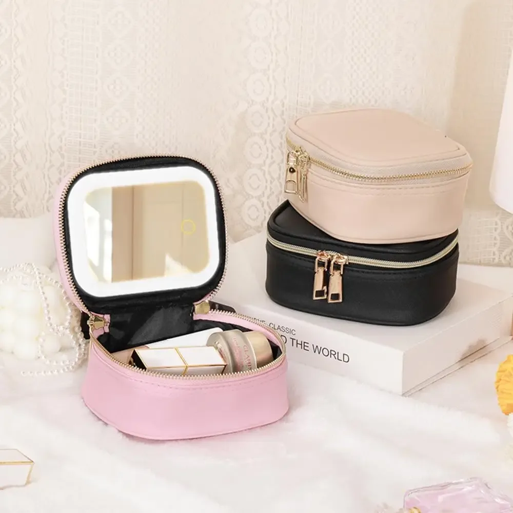 mini trousse de maquillage avec miroir led, petite trousse de toilette de voyage, 3 lumières à luminosité réglable pour femmes, trousse de toilette portable pour le train