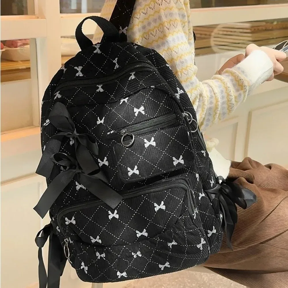 sac à dos tendance en velours côtelé avec nœud, style ins, imprimé nœud, polyvalent, grande capacité, pour étudiantes
