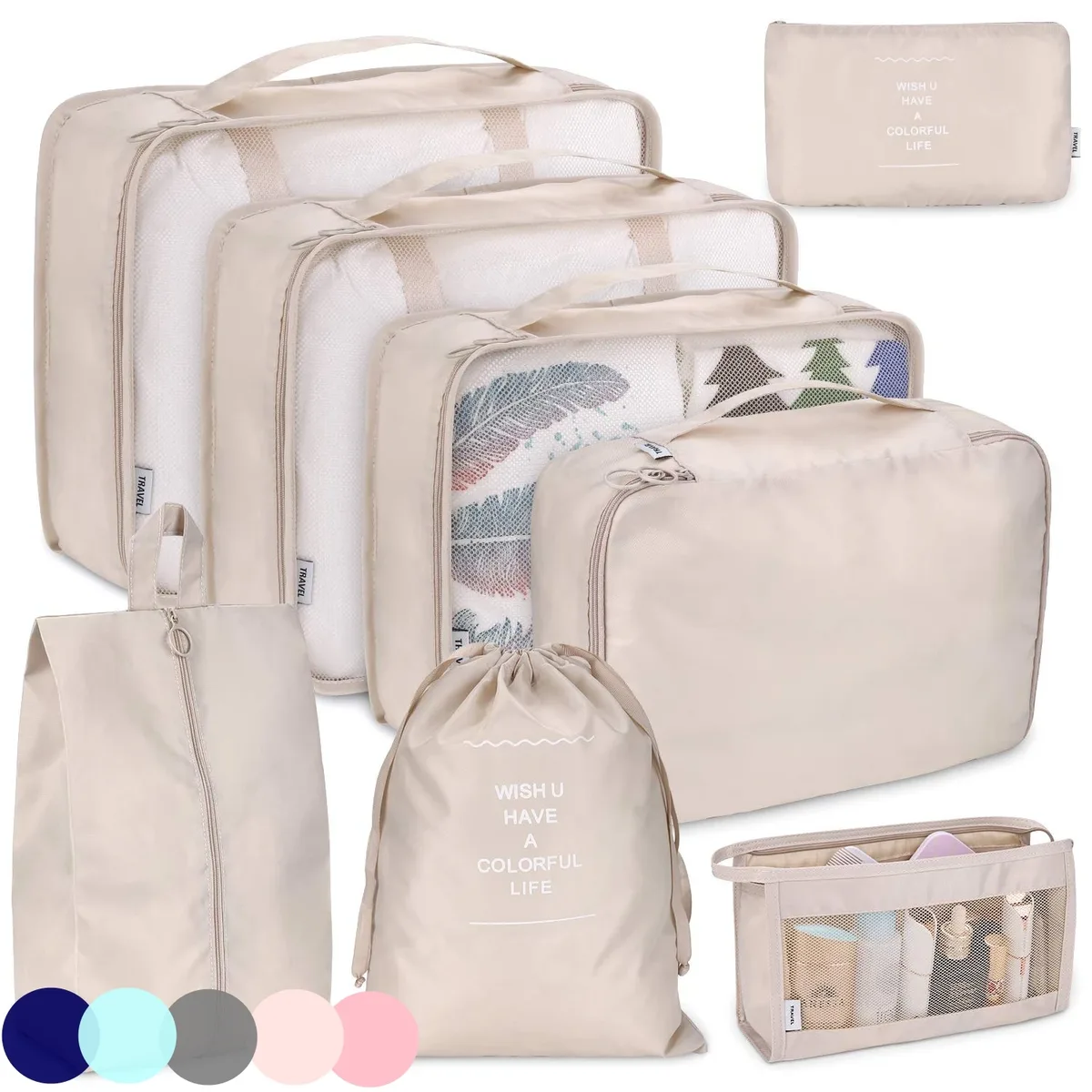 organisateur voyage beige clair motifs palmiers vagues grande capacité sac rangement nylon résistant eau polyvalent femmes