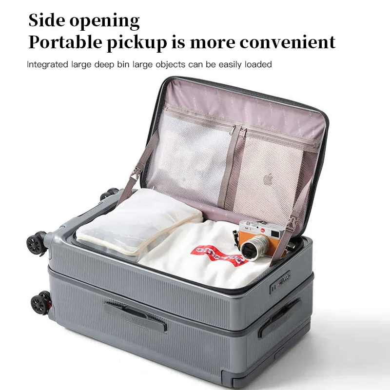valise roulettes toupie matériau pc couleur gris ligne verticale compartiments intérieur beige usage voyage business voyage