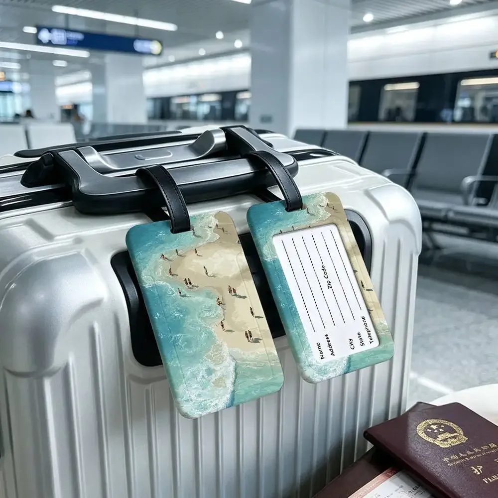 étiquette de bagage en pvc avec carte d'informations, motif mer, océan, bateau, art mural, étiquette anti-perte pour valise, sac à dos, accessoire de voyage