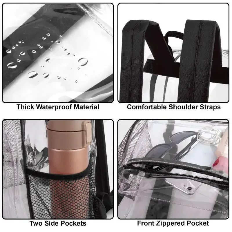 sac à dos transparent en pvc imperméable, bretelles réglables, double fermeture éclair, sac léger et transparent pour le stade, le baseball, les sorties quotidiennes