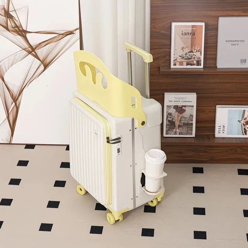 valise plastique dur pc blanche accents roses siège intégré roulettes toupie usage voyage enfant