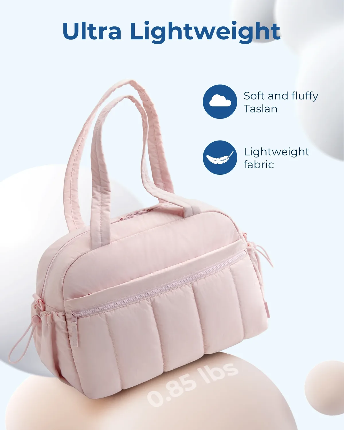 sac voyage polyester doux rose pâle blancs poignée bandoulière amovible compartiment humide week end sport yoga
