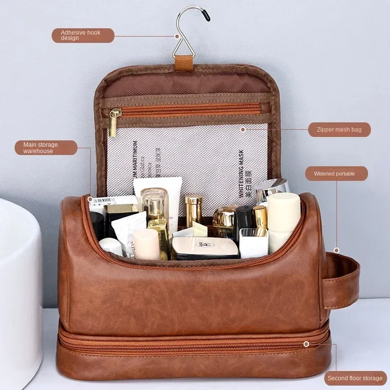 nouvelle trousse de maquillage suspendue 2026, grande capacité, en cuir pu, trousse de toilette double couche, trousse de cosmétiques pour hommes, organisateur d'essentiels de voyage