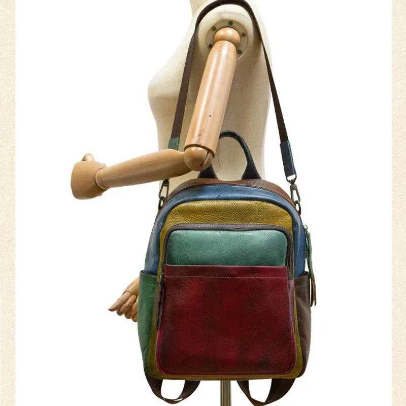sac à dos patchwork en cuir véritable pour femme, sacs à bandoulière en cuir de vache véritable, fourre-tout de voyage en cuir de vache à la mode