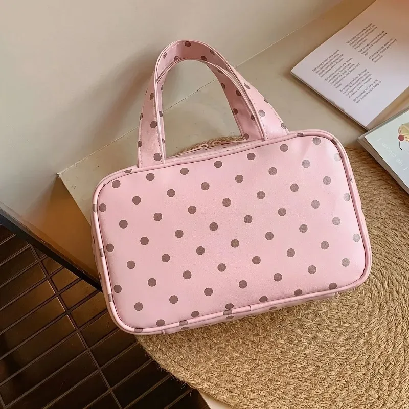 nouvelle trousse de maquillage portable grande capacité à pois avec 3 compartiments pour femmes, organisateur de voyage pour soins de la peau et pinceaux cosmétiques