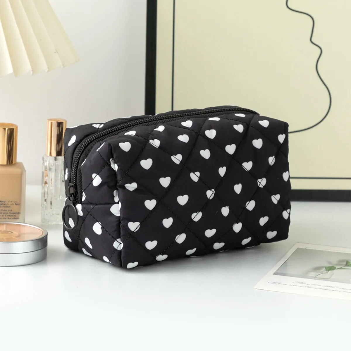 sac à pinceaux de maquillage à motif cœur mignon, pochette cosmétique en coton avec cordon de serrage pour femmes, organiseur de rangement pour articles de toilette de voyage, cadeau