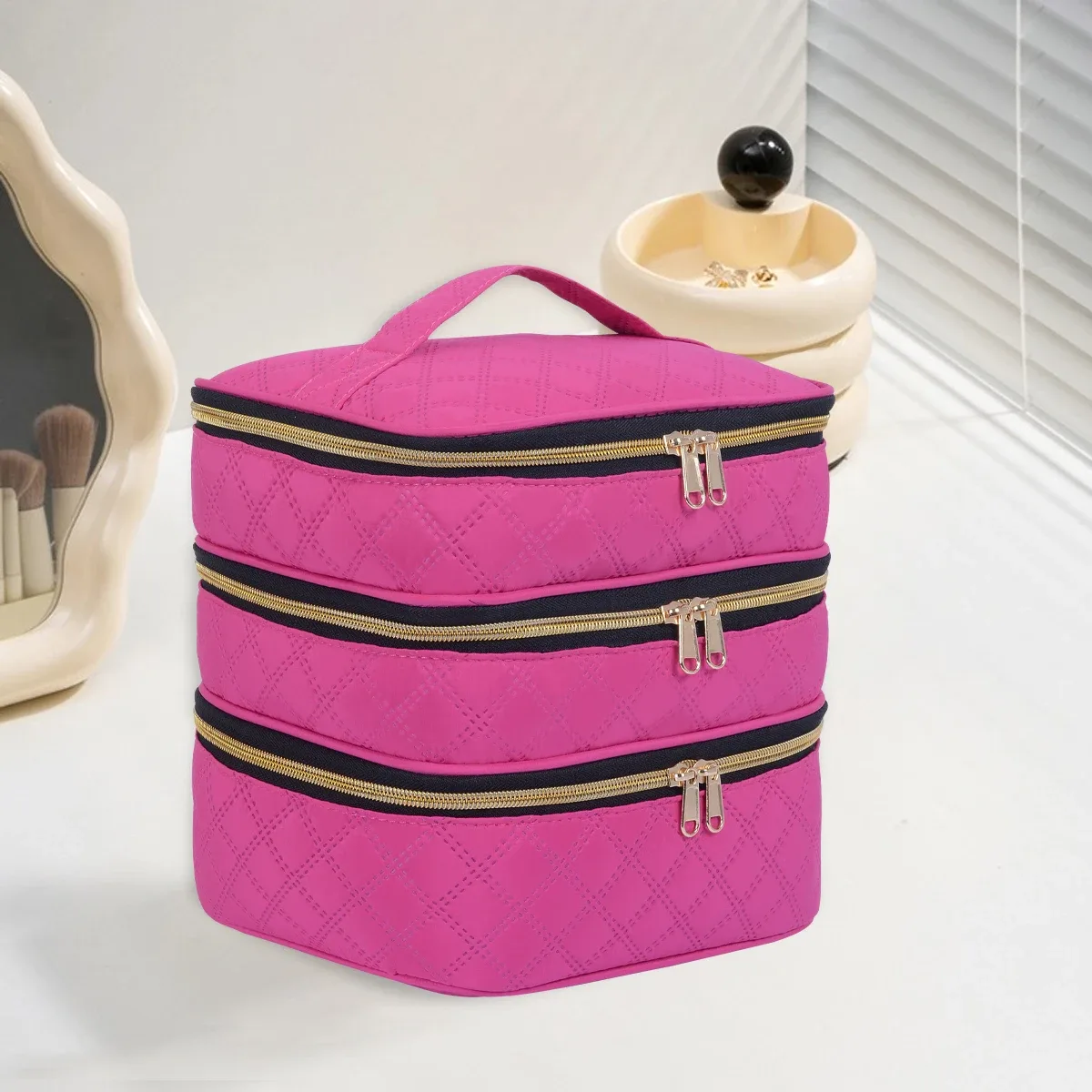 trousse de maquillage matelassurera à 3 couches, grande capacité, adaptée aux voyages et à la maison