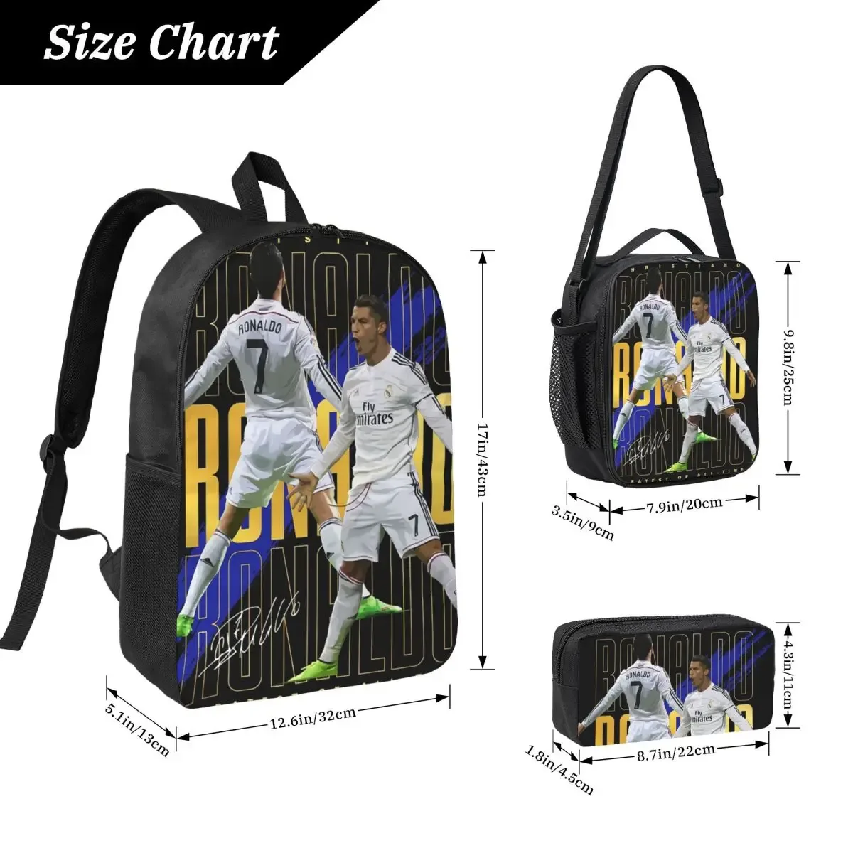 sac dos polyester noir impression ronaldo bleu jaune pique-nique isolante bandoulière usage voyage étudiant