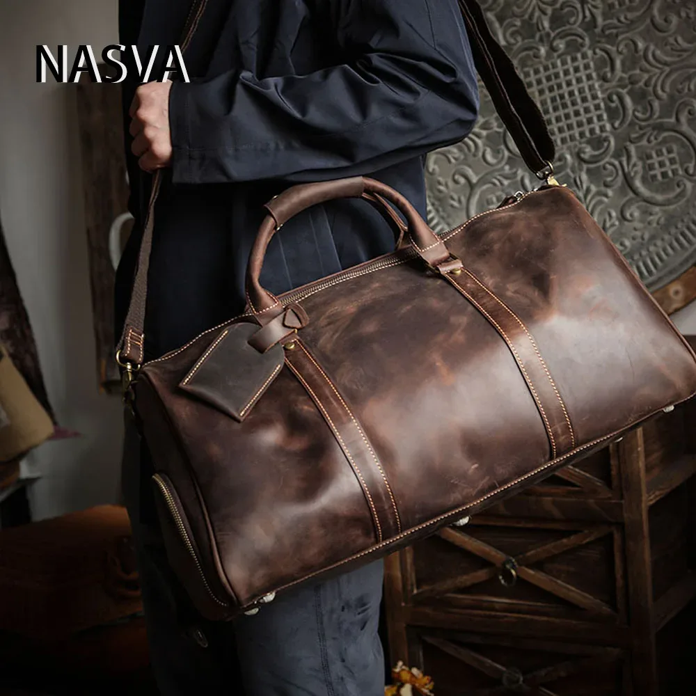 nasva-sac de voyage en cuir vintage pour homme, sac de week-end, sacs à main, sacs de messager, bagage avec compartiment à chaussures