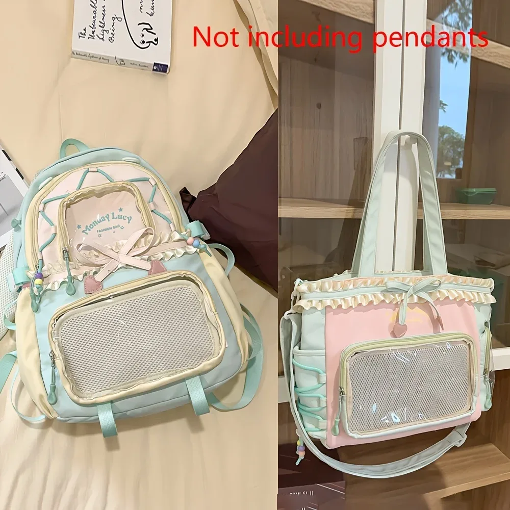 sac dos nylon unisexe pastel gris rose bleu clair motifs lapins coeurs accessoires voyage léger