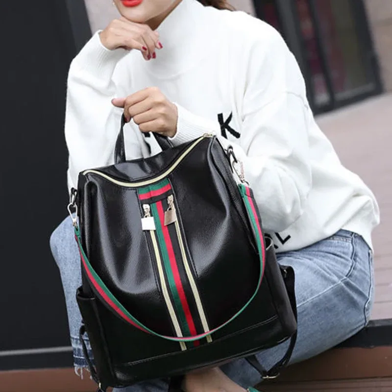 sac à bandoulière double, sac pour femmes à double usage de grande capacité, sac à dos pour femmes de style coréen à rayures de couleur contrastée à la mode