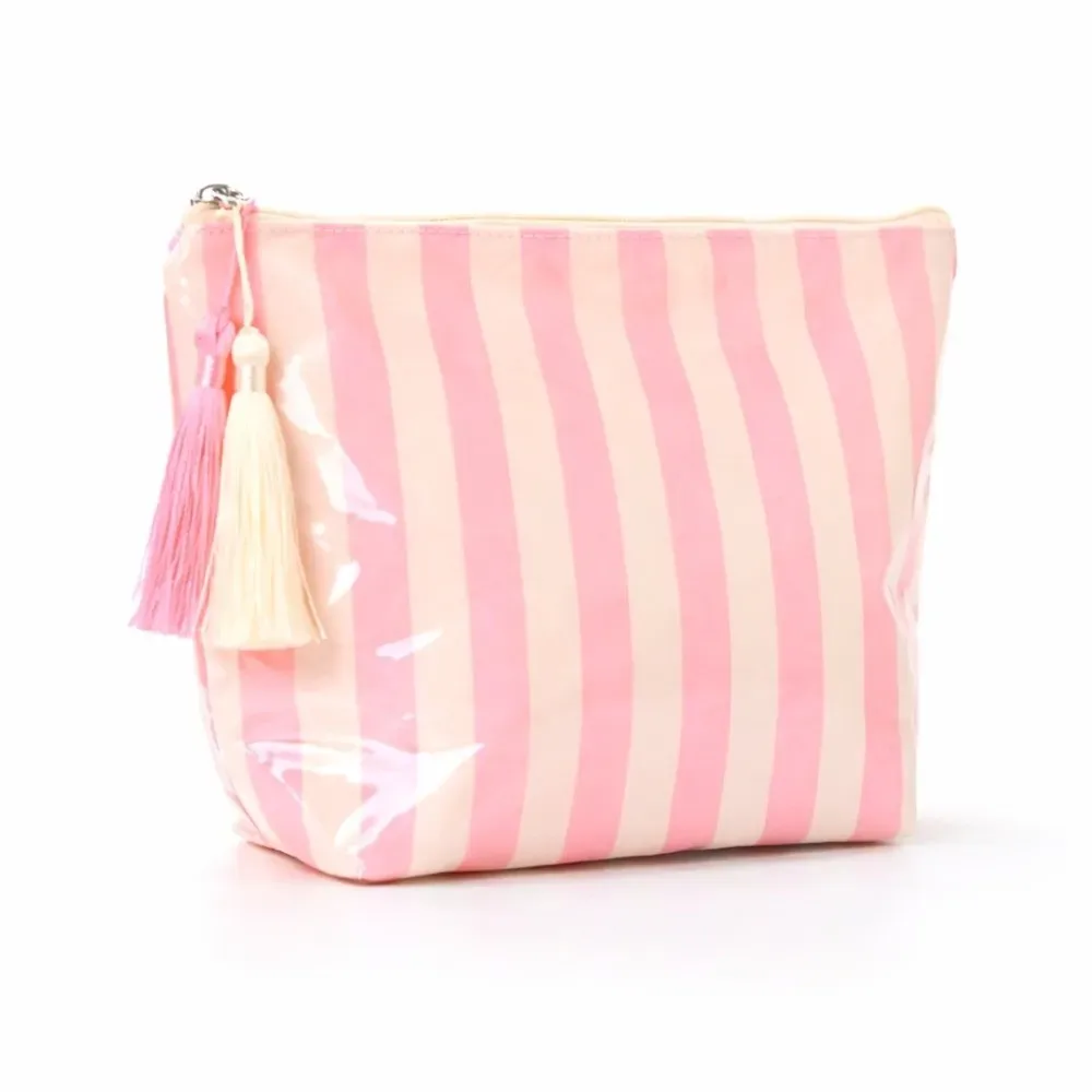 trousse de toilette de voyage portable à franges grande capacité design mignon sac cosmétique rayé en pvc fermeture éclair brillante pochette à pinceaux de maquillage