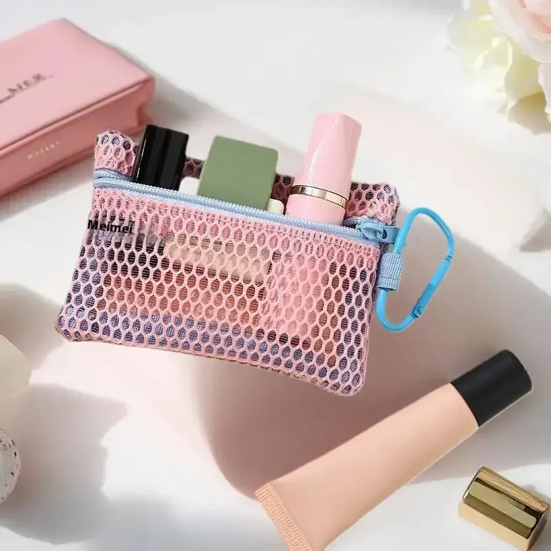 trousse de maquillage en maille transparente, pochette cosmétique portable élégante avec fermeture éclair, conception plate pour les articles de toilette et le rangement du maquillage