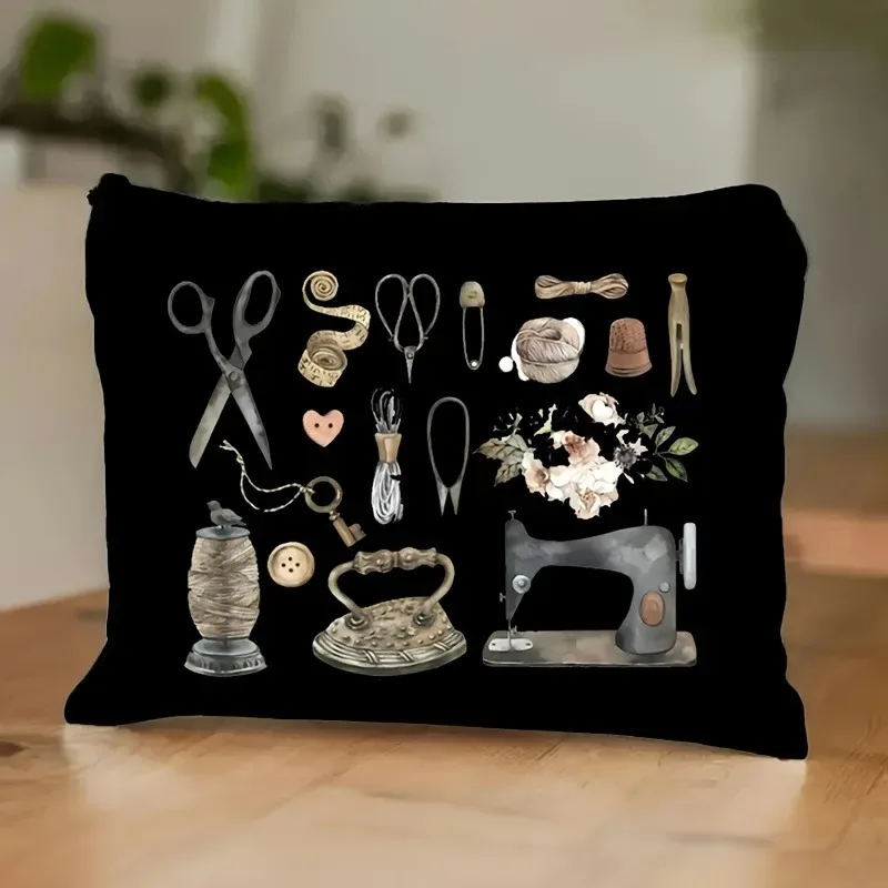machine à coudre vintage et trousse de maquillage florale, organisateur de rangement sur le thème de la couture, trousse à cosmétiques de grande capacité, sac de voyage léger