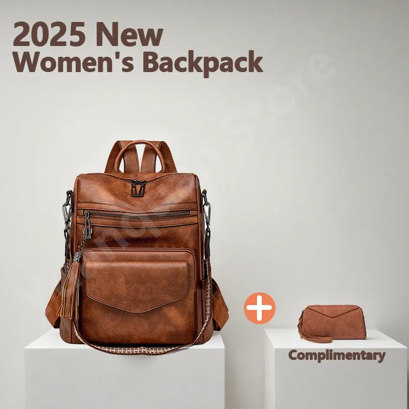 Sac à dos en cuir PU pour femmes, imperméable, antivol, grand sac à dos de voyage rétro pour collège, sac à bandoulière avec pompon, 2025