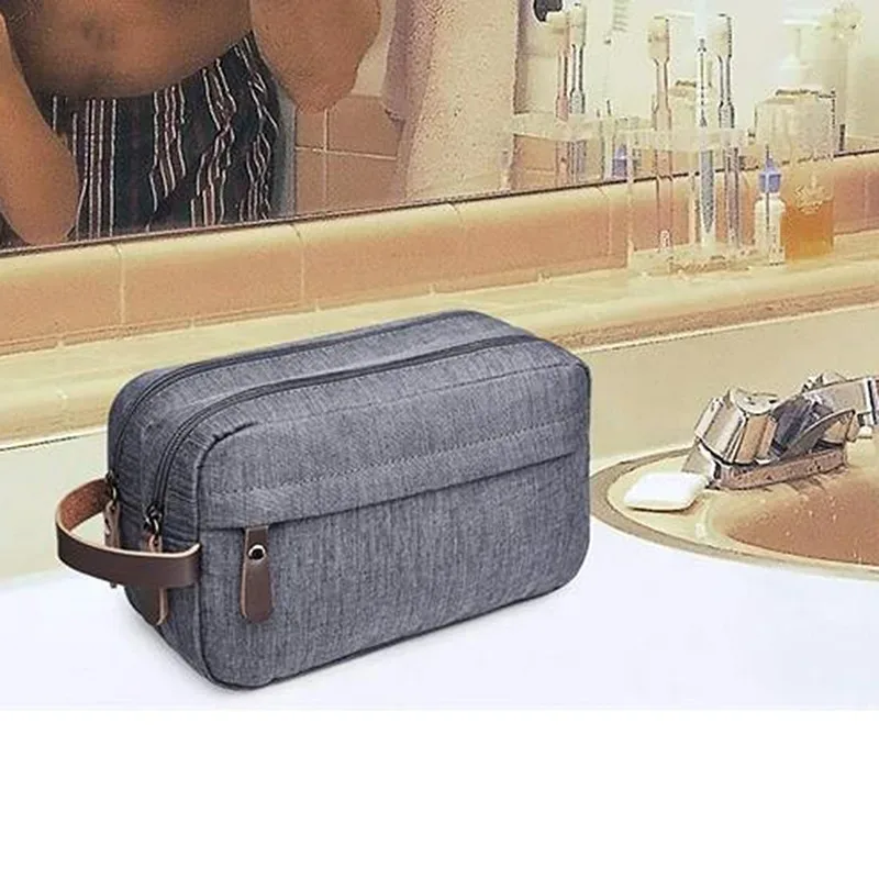 sac à cosmétiques en toile décontracté avec poignée en cuir, sac de voyage pour hommes, lavage, rasage, femmes, rangement de toilette, sac de rangement étanche