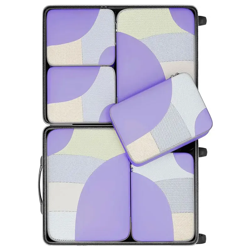 organisateur voyage polyester gris beige motif géométrique cube sac compression chaussures pochette housse vêtements tailles différentes transport pratique