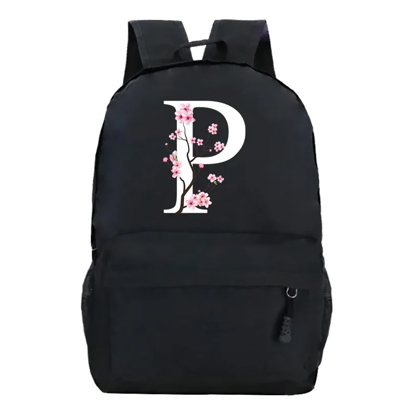 sacs à dos d'école pour jeunes sakura fleur a-z alphabet grande capacité toile harajuku mode fermeture éclair esthétique épaules sacs noirs