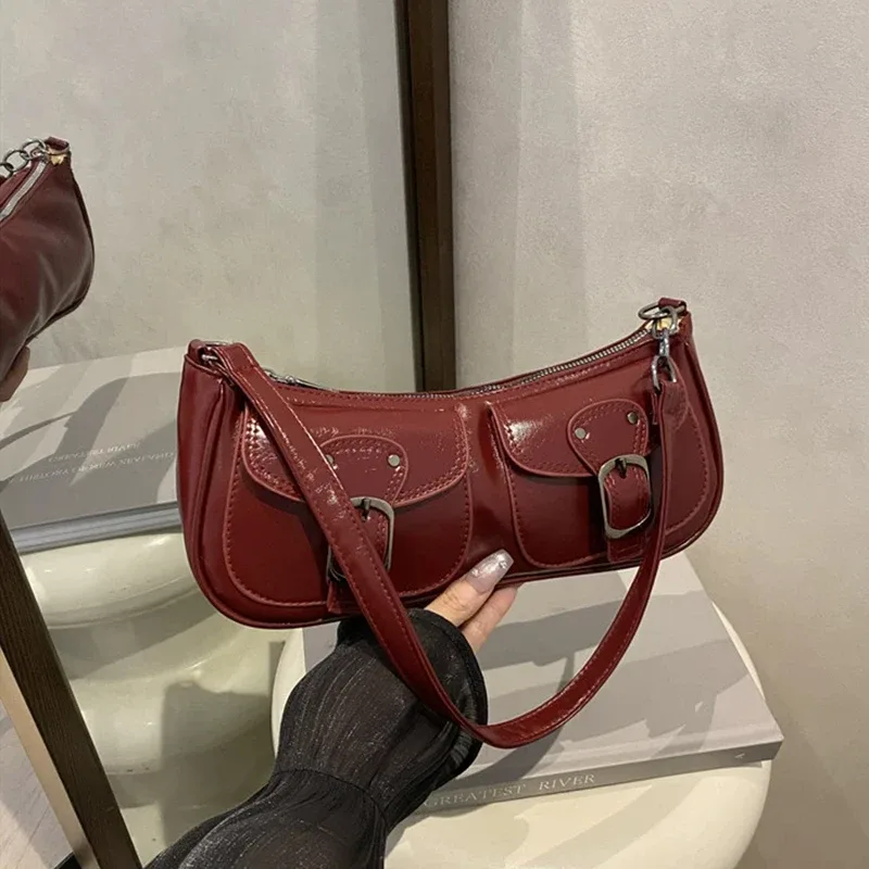 sac à bandoulière en cuir pu pour femmes, petit sac à double poche, sacs sous le bras pour dames, sacs à main vintage y2k, pochette