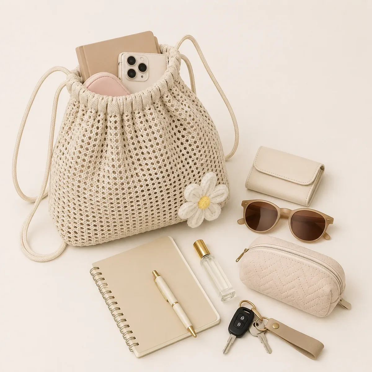 sac à dos en crochet pour femme avec cordon de serrage et motif marguerite, sac à bandoulière léger en tricot ajouré pour les voyages, la plage et l'usage quotidien