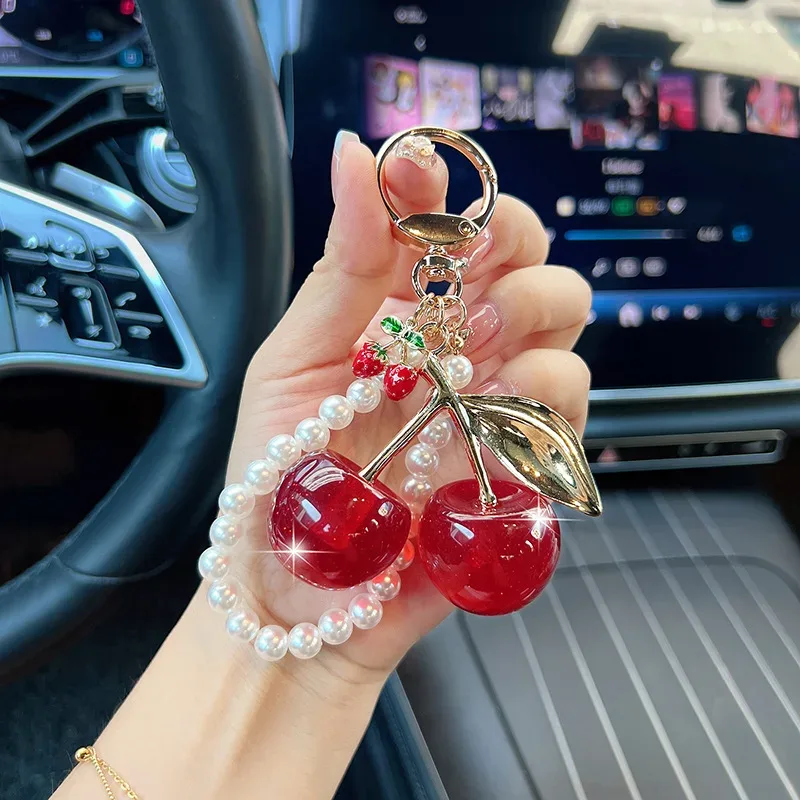 1pc porte-clés perles d'imitation cerise douce, pendentif de sac exquis, décoration pour sac à dos, accessoire de voiture, bijou cadeau
