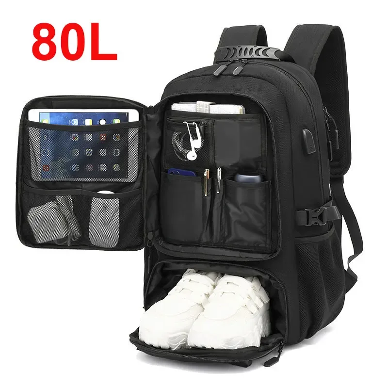 sac dos nylon unisexe noir compartiment chaussures bandoulière arquée fermeture éclair compression appliques polyester grande capacité voyage affaires