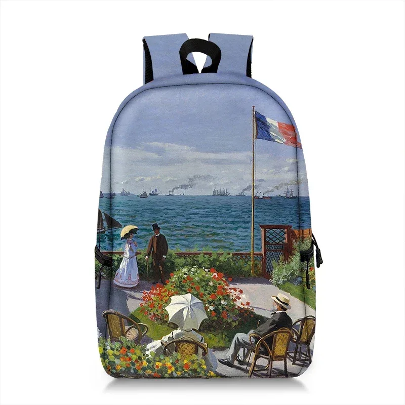 sac à dos peinture à l'huile de claude monet gustability klimt van gogh, cartable de nuit étoilée, baiser de tournesol, cartable de voyage pour femme