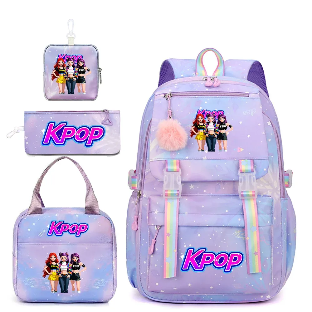 sac dos polyester rose motifs personnages kpop étoiles bandes arc ciel pochette stylos trousse maquillage sac main ensemble scolaire