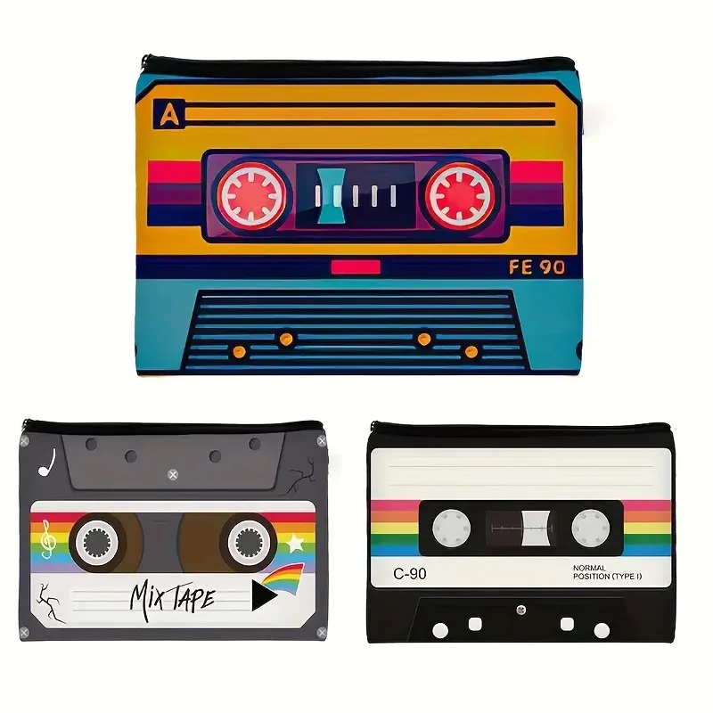 fermeture à glissière de sac cosmétique de bande de cassette rétro en polyester léger, conception nostalgique pliable des années 80/90 pour le sac de voyage des femmes