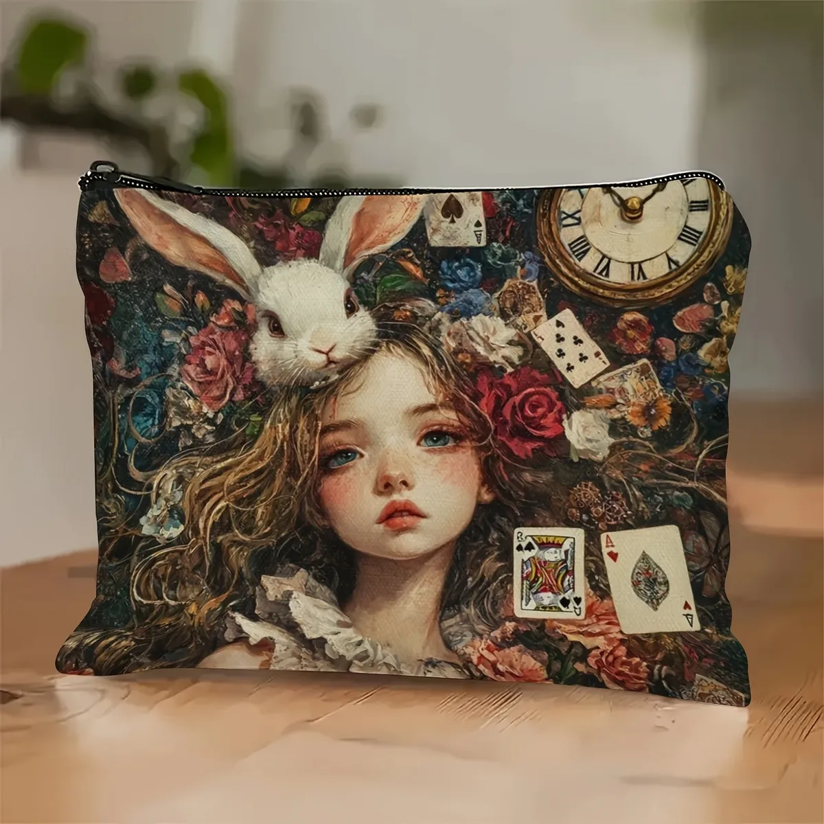 trousse de maquillage fantaisie – conception de lapin de rêve et de cartes à jouer, pochette cosmétique blanche avec fermeture à glissière