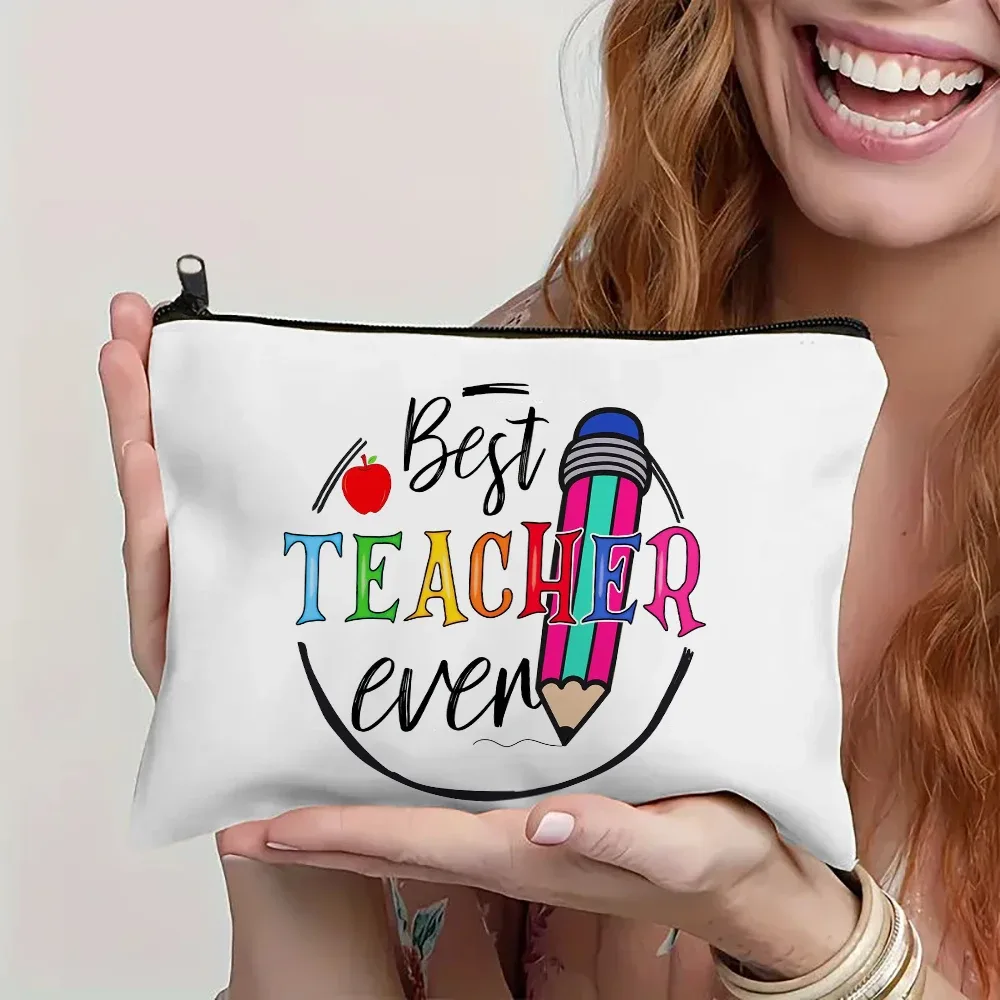 trousse toilette lin humoristique enseignants messages positifs fermeture glissière pochette cosmétiques maquillage voyage petite taille