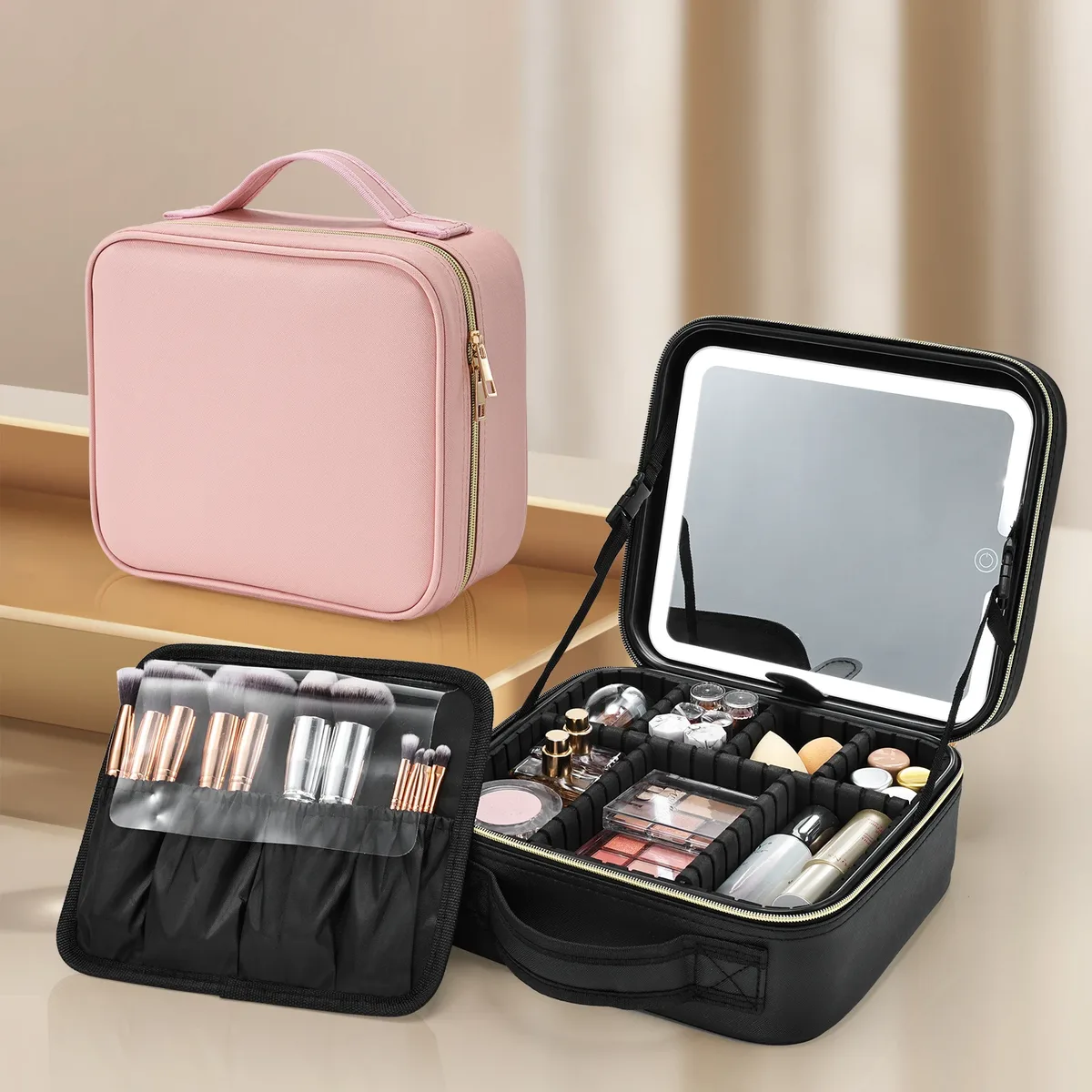 trousse de maquillage avec miroir led, 3 modes d'éclairage, trousse de maquillage avec miroir de vanité avec lumières, trousse de maquillage de voyage avec miroir éclairé