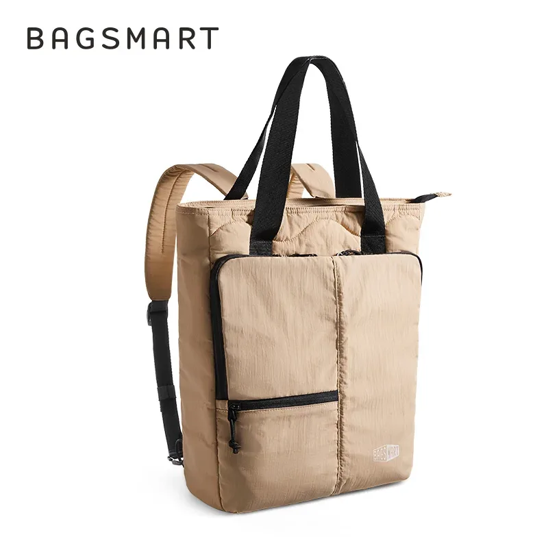 sac dos nylon beige noir réversible pochette lateral poignée amovible plissé universitaire grande capacité