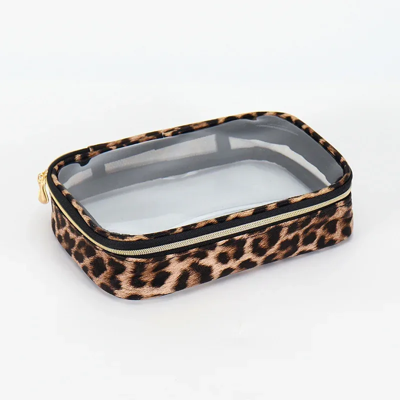 sac de maquillage transparent imprimé léopard, étanche, grande capacité, portable, rangement d'articles de toilette de voyage, organisateur de cosmétiques avec fermeture éclair