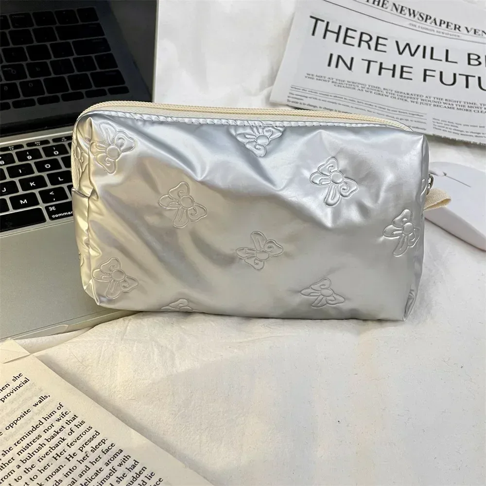 sacs de maquillage à motif d'arc lingge argenté pour femmes, mode mignonne dame filles écouteurs clé rouge à lèvres sac de rangement cosmétique pochette à fermeture éclair