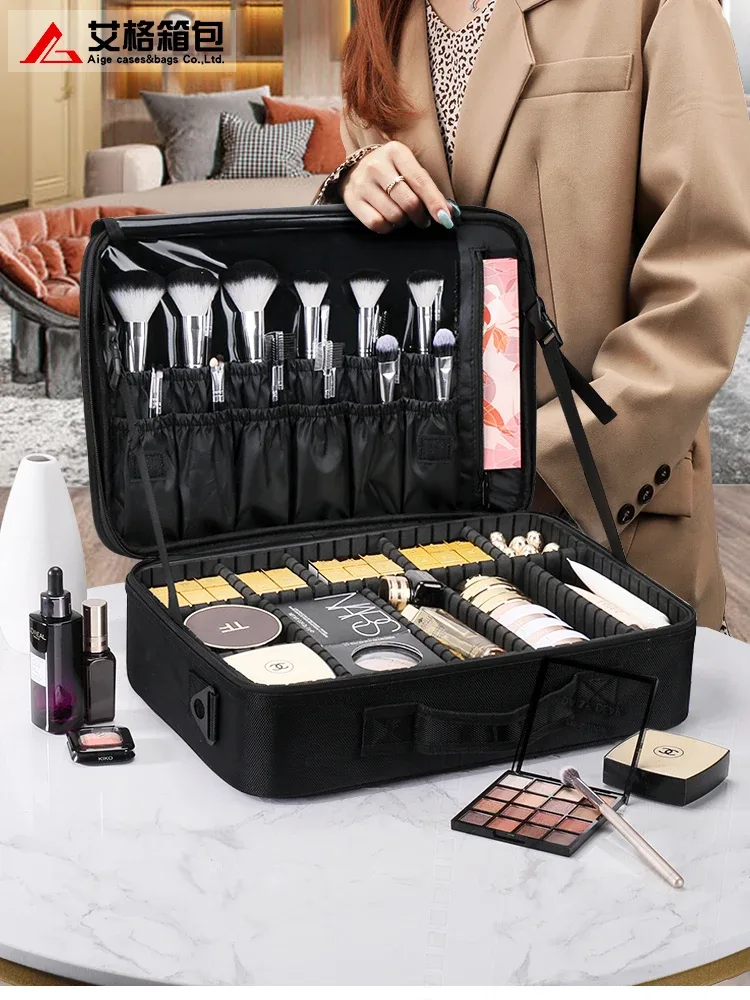 trousse de maquillage professionnelle en cuir imperméable, trousse de maquillage, trousse d'artiste de maquillage, trousse de train, trousse à cosmétiques de voyage, évaluation des pinceaux, matériau