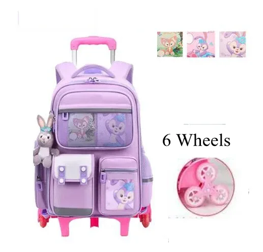 sac à dos d'école à roulettes pour filles et enfants, 17 pouces, 6 roues, sac à livres d'école primaire, sac à bagages à roulettes, sac à dos de chariot scolaire