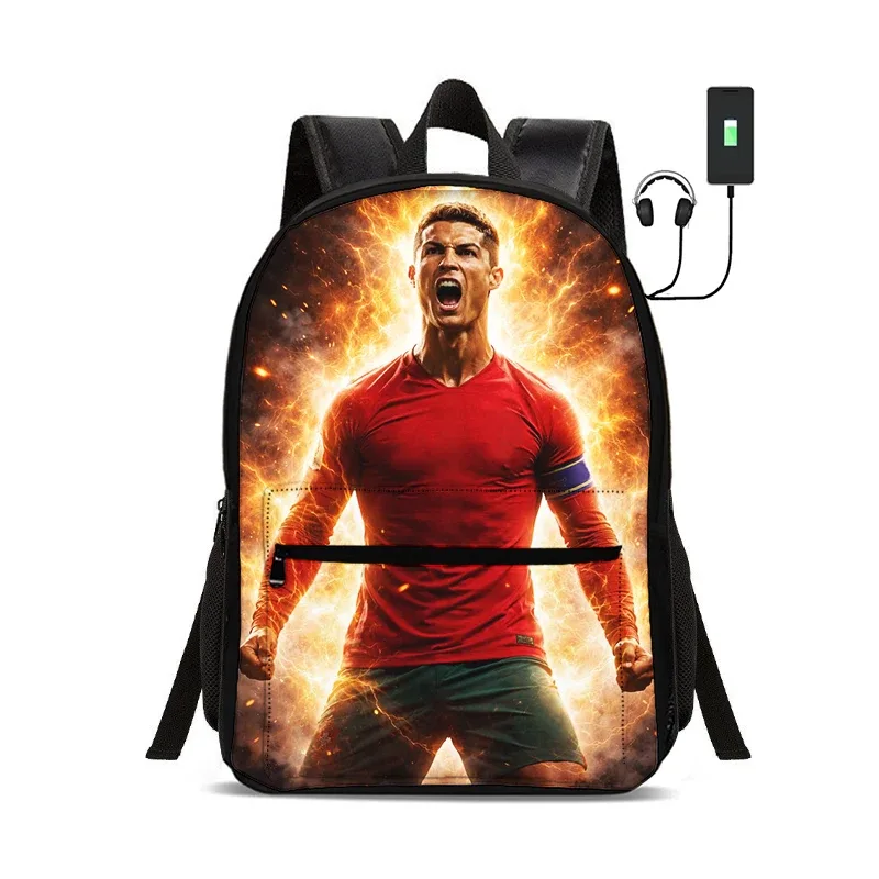 sac à dos de star du football avec interface usb, sac à dos ronaldo pour étudiants, sac à dos pour garçons et filles, meilleur cadeau