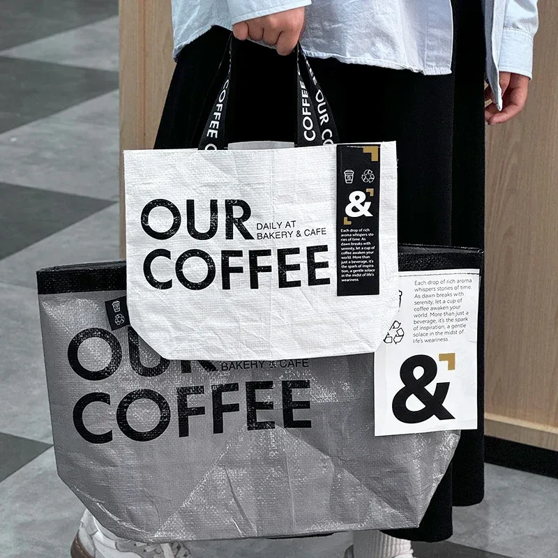 sac de courses tissé blanc imperméable, sac à bandoulière avec lettres anglaises, fourre-tout réutilisable, sac à main portable, sac d'épicerie pour vêtements et linge