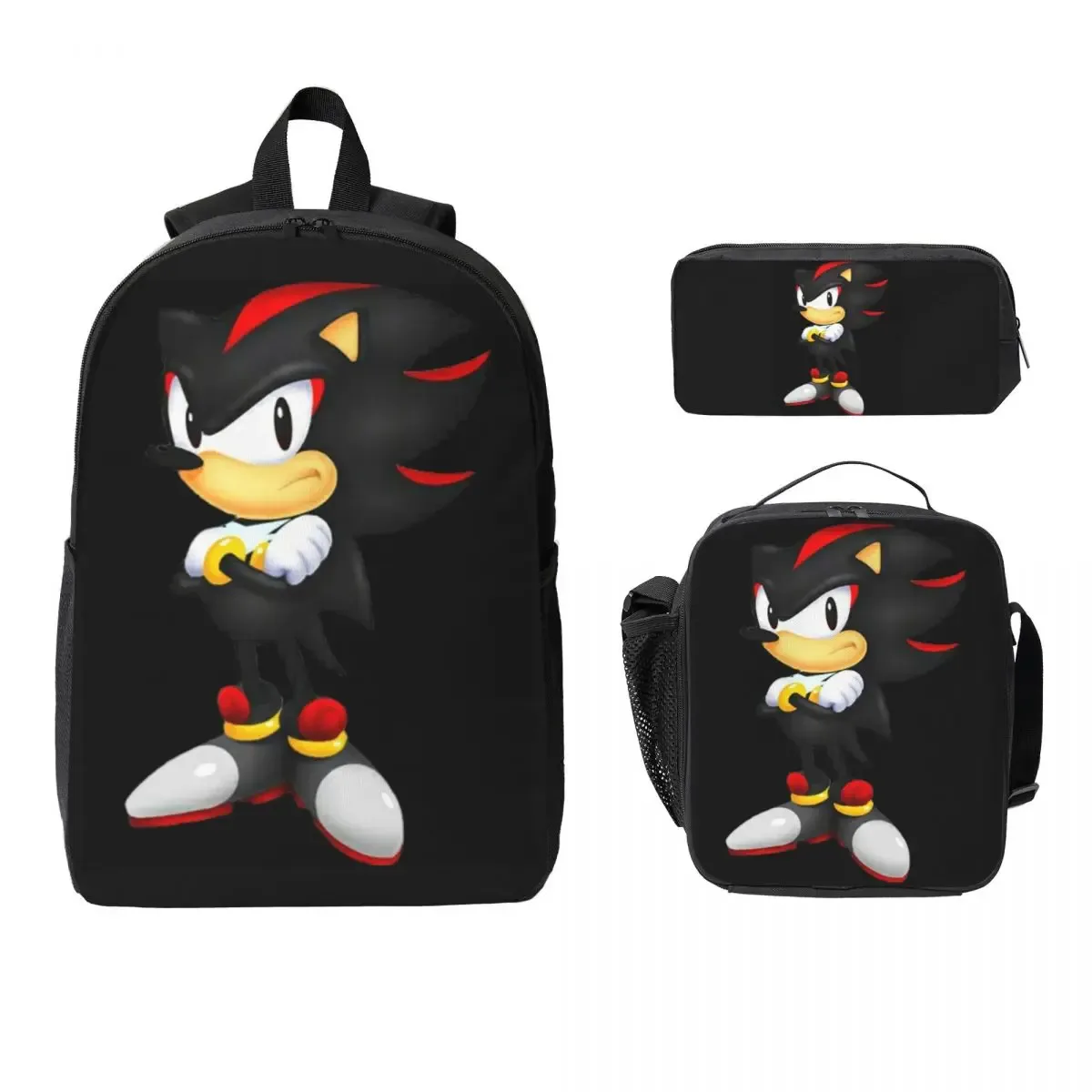 sac à dos shadow the hedgehog pour garçons et filles, sac d'école, sacs à bandoulière pour ordinateur, sac à déjeuner isotherme 3ps, trousse à crayons