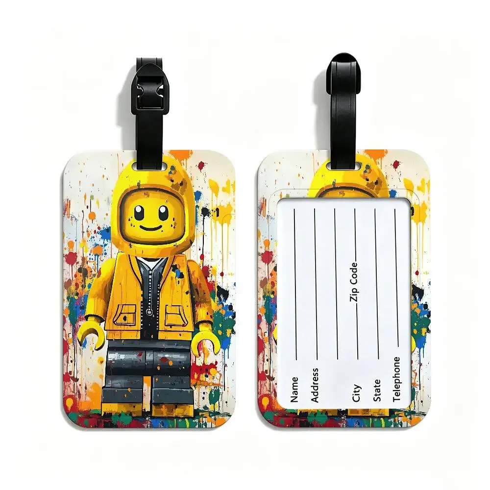 étiquette de valise en pvc anti-perte l-legos avec carte d'information, motif de dessins animés représentant diverses professions, identifiant de bagages léger pour les voyages quotidiens.