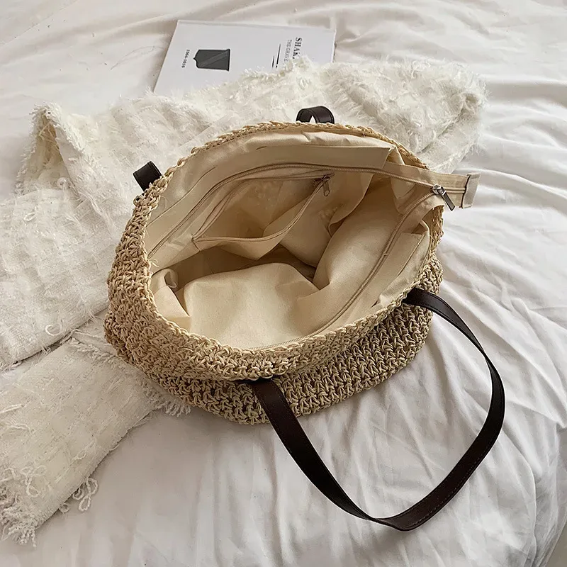 sacs de plage d'été pour femmes, sacs à bandoulière tissés en rotin faits à la main, sac en paille de grande capacité, sac à main bohème décontracté de voyage, fourre-tout