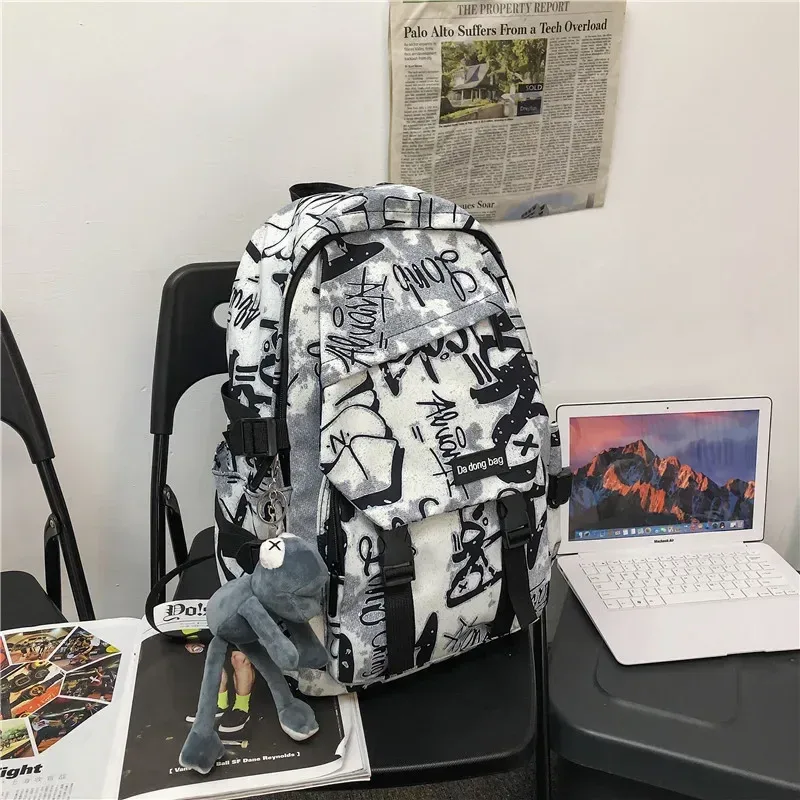 sac dos toile polyester camouflage géométrique brodé ceinture air black white blue voyage décontracté