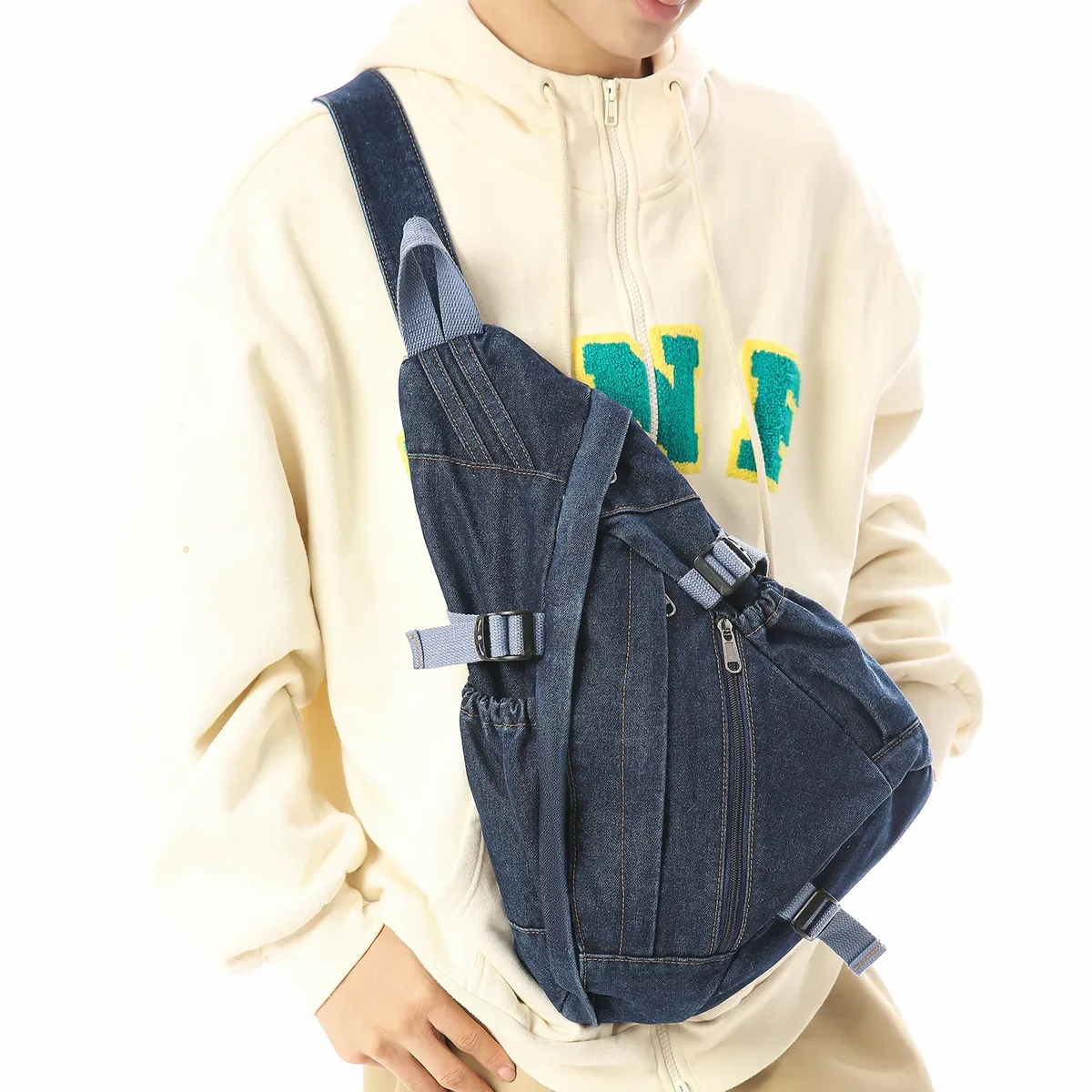 sac à bandoulière en denim délavé vintage pour homme et femme, multifonctionnel, rétro, grande capacité, sac de poitrine portable pour moto