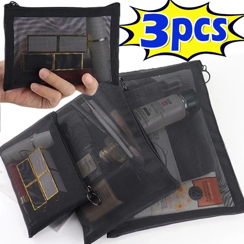 sacs à cosmétiques transparents en maille, petit grand sac de maquillage noir, étui de rangement de toilette de voyage portable, pochette de rangement de rouge à lèvres 1/3 pièces