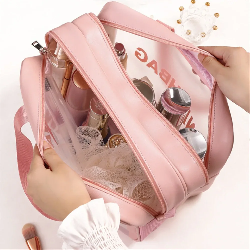 trousse de maquillage portable grande capacité tendance ; sac de toilette double couche givré séparation sec/humide ; sac de rangement de voyage multifonctionnel