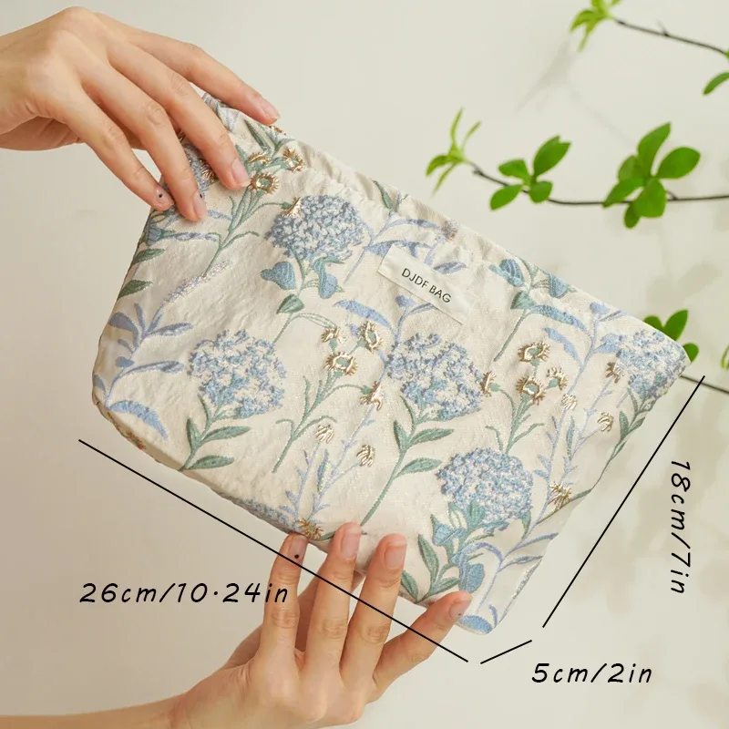 trousse de maquillage pour femmes, bouquet bleu, serviette hygiénique de grande capacité, retouche, fournitures de maquillage, sac de rangement en toile, trousse de toilette